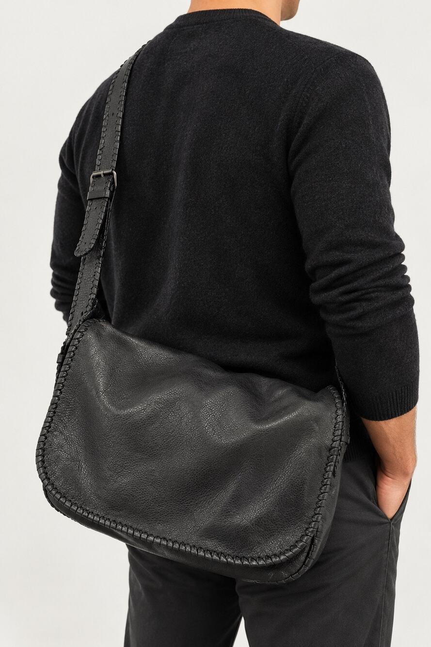 John Varvatos Black Leather Messenger Crossbody Bag Whipstitch Adjustable Strap